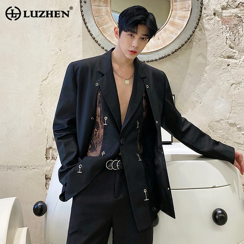 LUZHEN 2024 Autumn Niche Designer Splicing Lace Blazer Outerwear Men's High Street Elegant Original Fashion Suit Jacket LZ1622