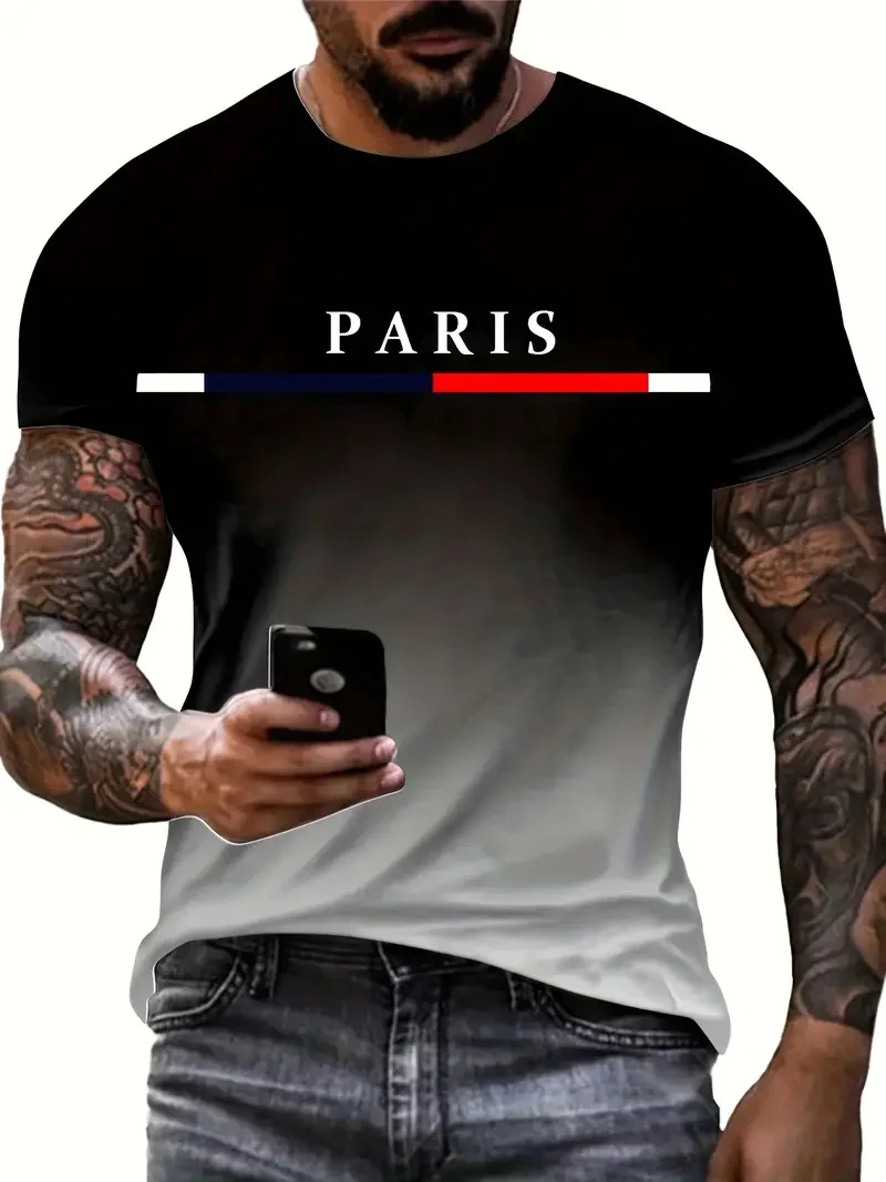 Summer men's gradient Paris letter 3D printed T-shirt for outdoor sports quick drying short sleeved top plus size men's clothing