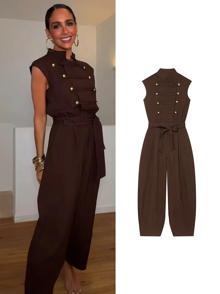 

SMVP 2026 Fashion Double Breasted Jumpsuits for Women Stand Collar Sleeveless High Waist Long Pants With Belt Elegant Rompers
