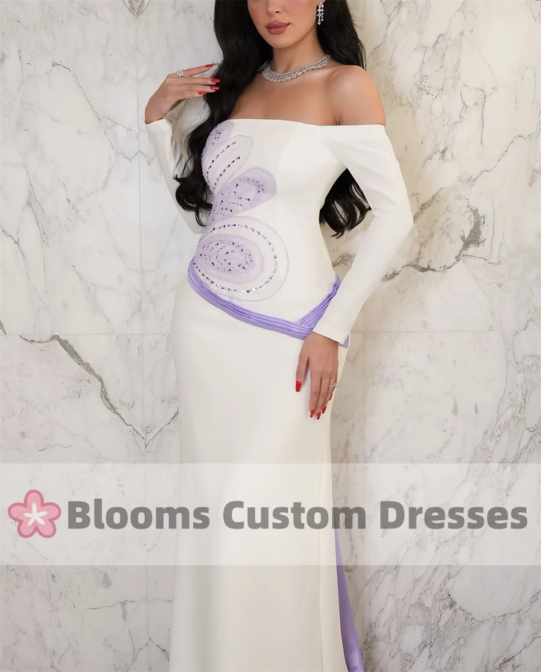 Blooms Saudi Lilac Beaded Customized Evening Dresses For Special Occasion Long Sleeves Crepe Party Dress Exquisite Prom Gown