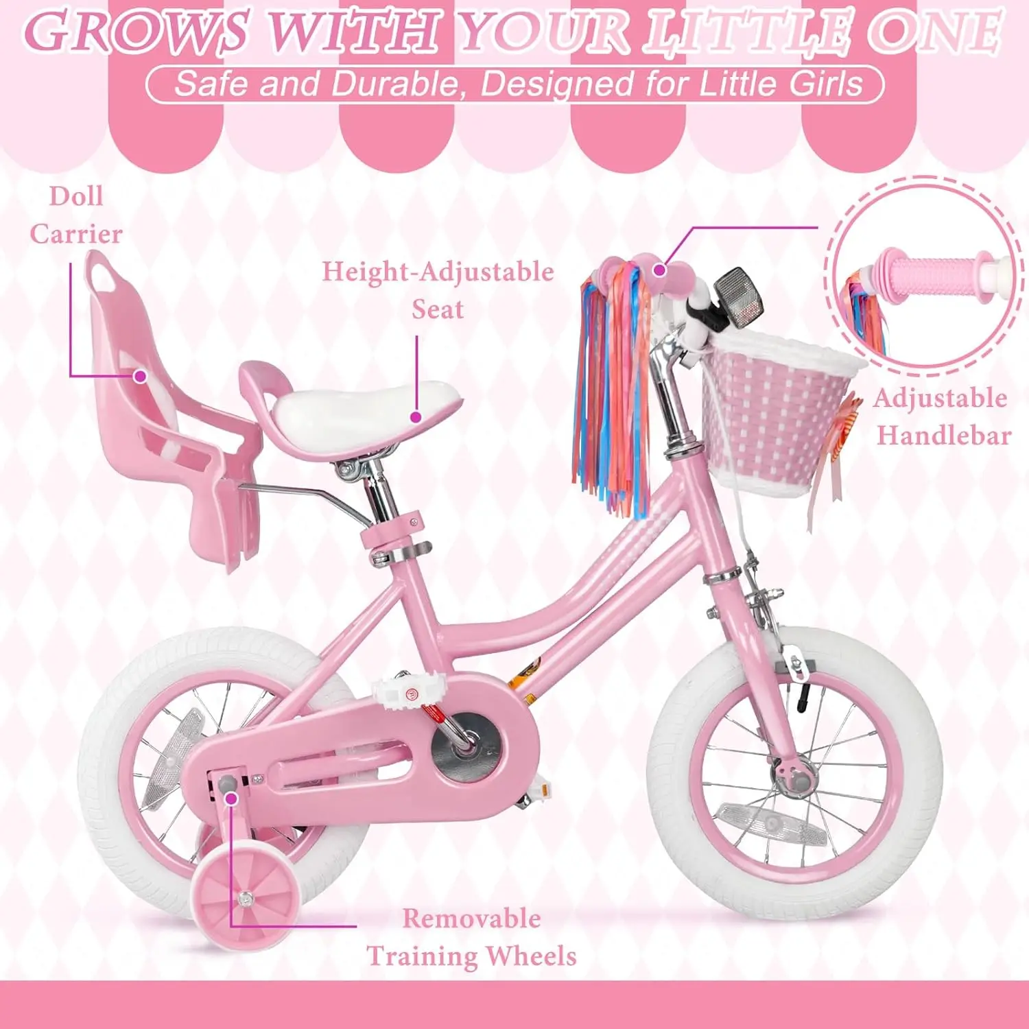 Girls Bike for 2-12 Years Old Toddlers and Kids, 12 Inch Kids Bike with Basket and Bell Training Wheels, Adjustable Sea