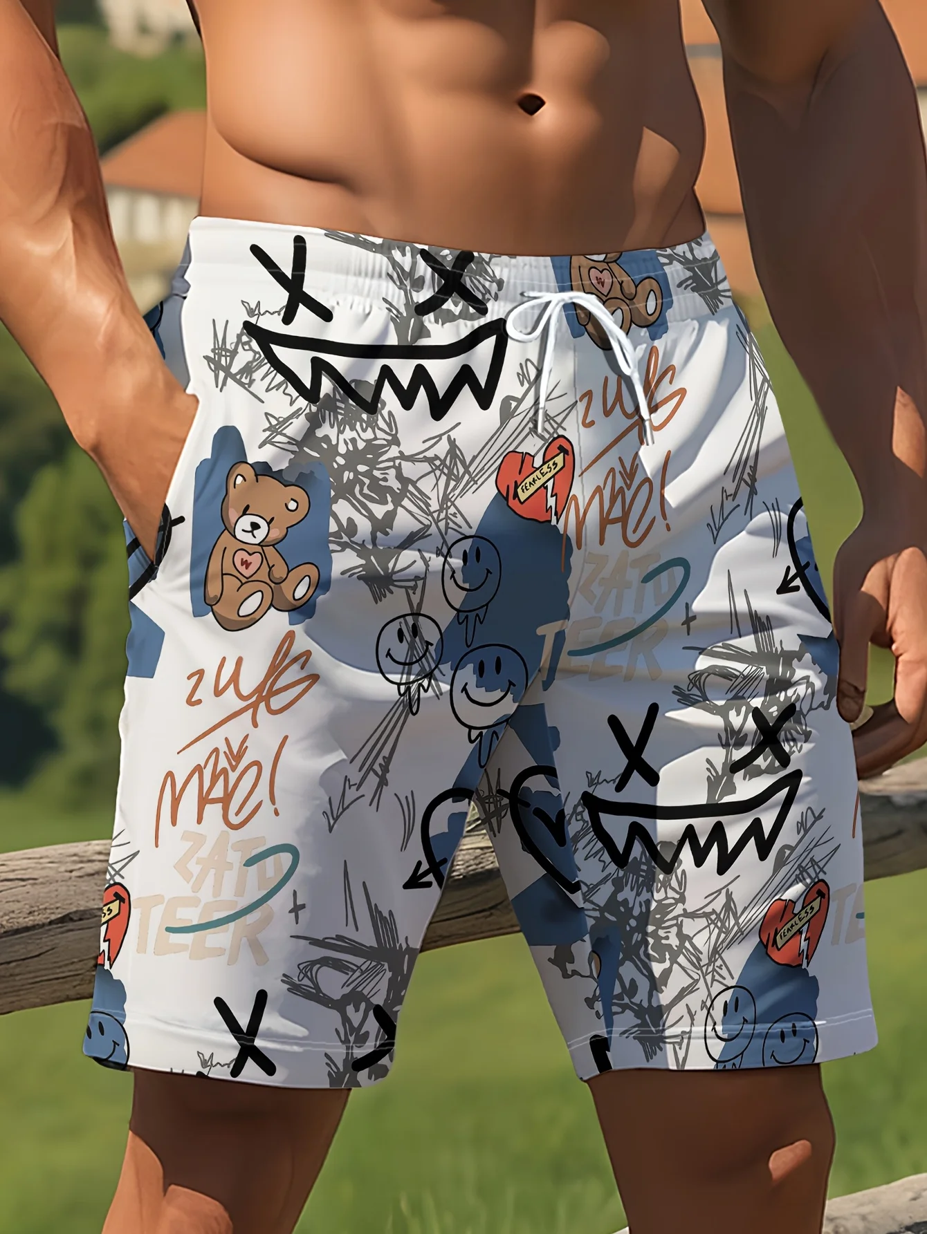

Men's casual drawstring shorts, white line graffiti, 3D print, 100% polyester fabric, outdoor sports, surfing, diving, beach sho
