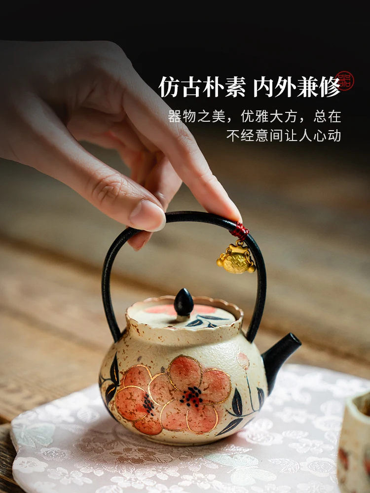 Blue and White Firestone Red Pure Hand Drawing Peach Blossom Loop-Handled Teapot Household Ceramic Single Set