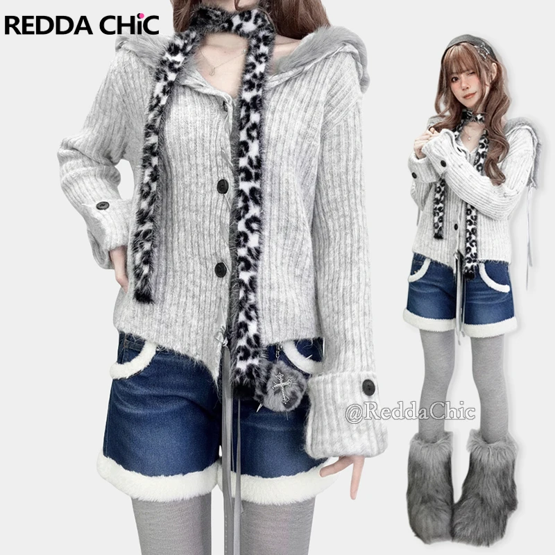 REDDACHiC Sailor Collar Cardigan Sweater Denim Shorts Fall Winter Furry Button Up Cropped Knit Jumper Women Grunge Acubi Fashion