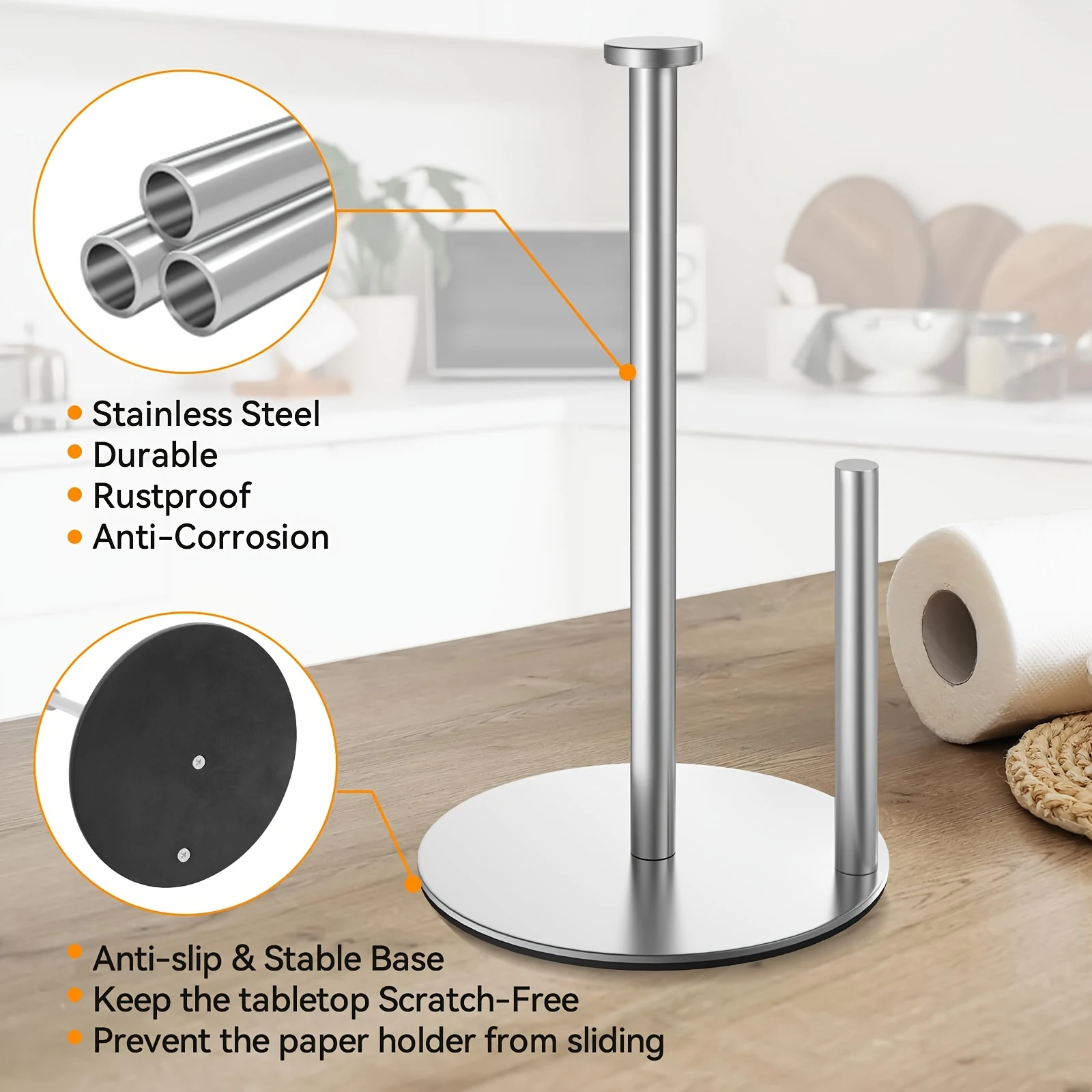 

Paper Towel Holder Premium Stainless Steel Kitchen Roll Dispenser Countertop Roll Organizer with Weighted Base