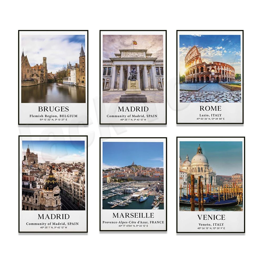 Venecia Italia, Roma, Florencia, Praga, Marsella Francia, Madrid España, Bruges Bélgica, Europa ciudad viaje paisaje cartel