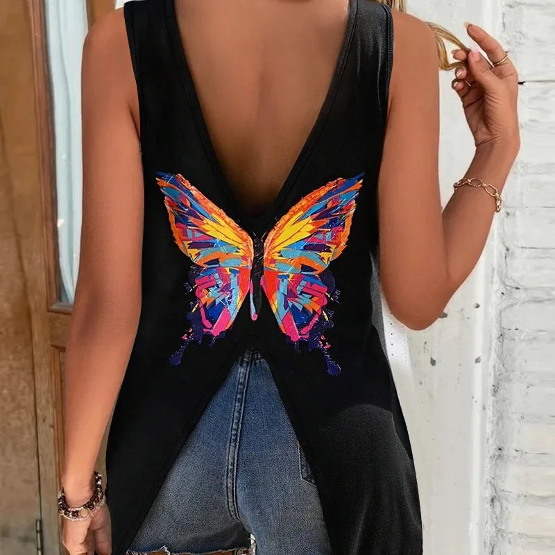 Women Tops Casual Vintage Sling V Neck Top Sleeveless Hollow Out Elegant Splice Tees Print Bow A Line Regular Backless T Shirts