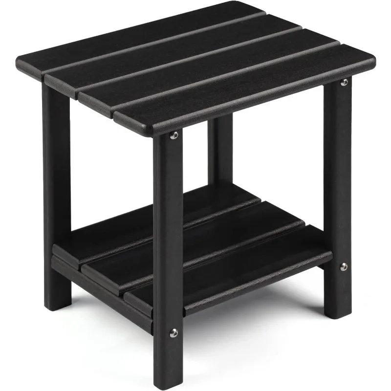 Outdoor Side Table 2-Tier Sturdy Patio End Table Weather Resistant 16.5" Solid Side Table Garden Patio Pool Porch Black Brown