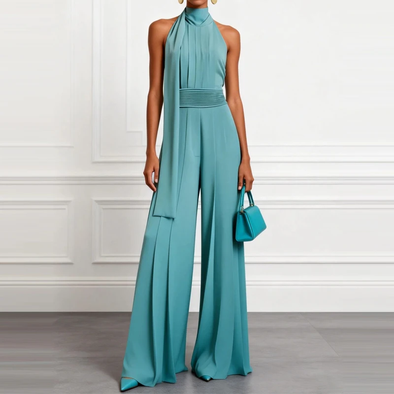 

Trendy Pure Summer Commute Rompers High Street Lady Backless Ribbon Playsuits Overalls Off Shoulder Sleeveless Wide Leg Jumpsuit