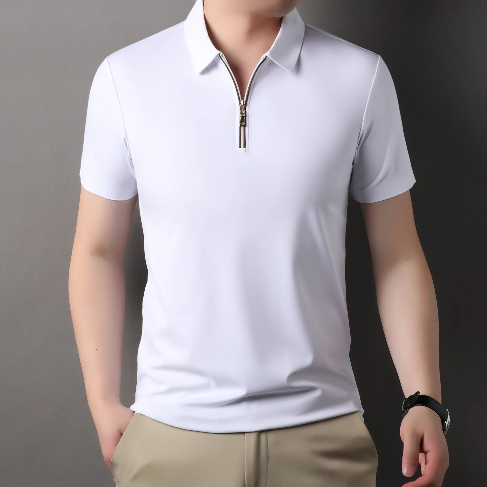 High Quality Men's Silk Smooth Zipper Tops Summer Classic Solid Seamless Polos Short Sleeve Anti-Wrinkle Business Polo Shirts