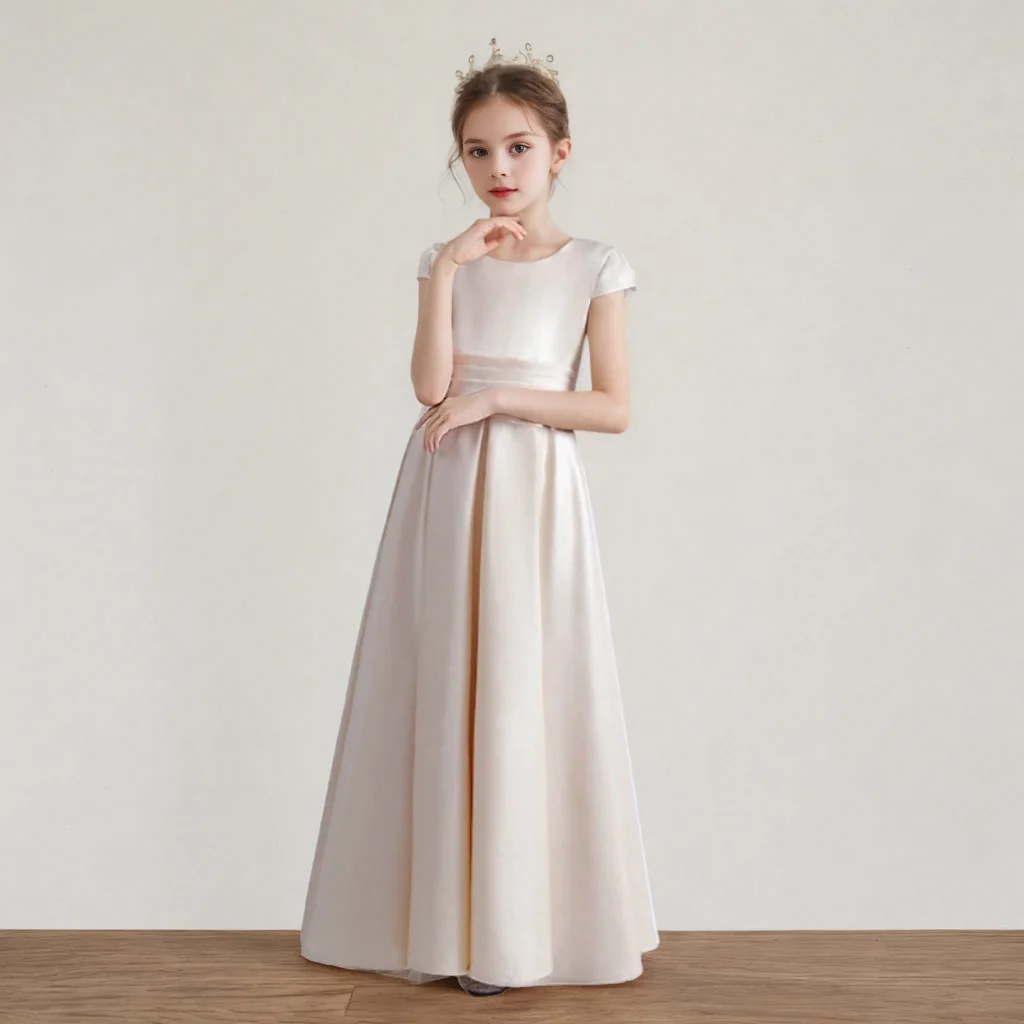 

It's Yiiya Customized Flower Girl Dress Champagne Satin O-neck Short Sleeves Belt A-line Floor Length Zipper Back Kids Gown T011