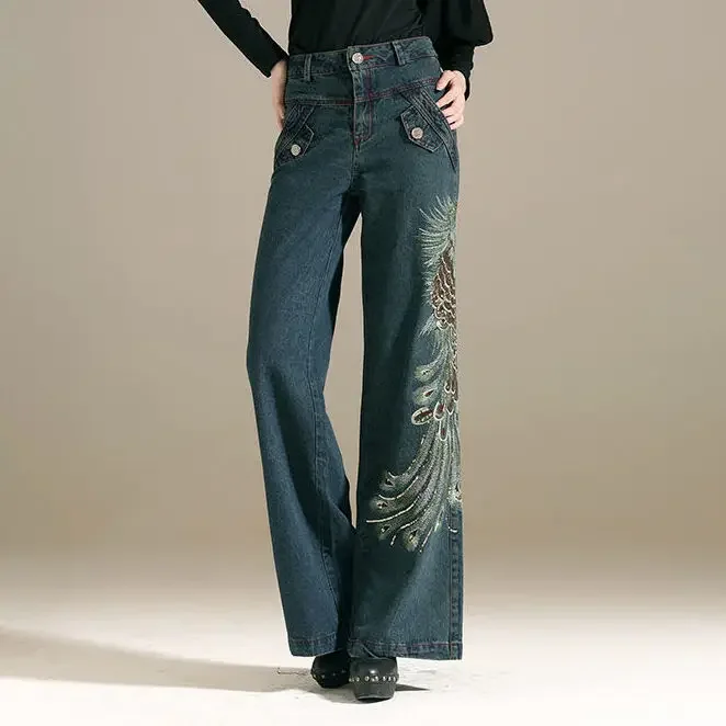 

Embroidery High Waist Women's Fashion Jeans Woman Girls Wide Leg Pants Trousers Female Jean Femme Denim Baggy Mom L122