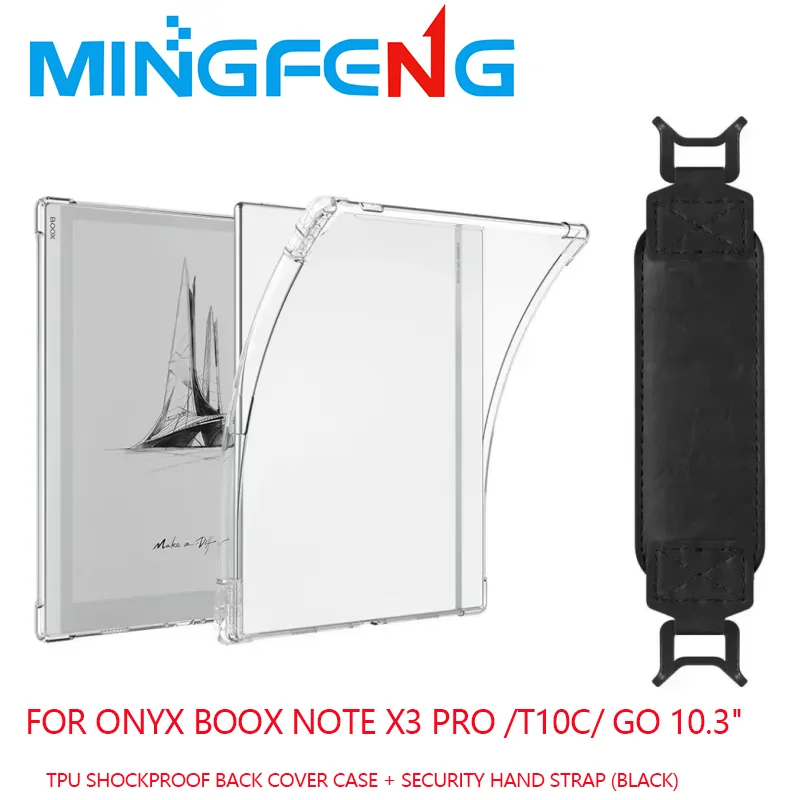 2-IN-1 لهاتف Onyx Boox Note X3 Pro / Go 10.3 بوصة حامل قلم رصاص شفاف من مادة TPU غطاء خلفي مقاوم للصدمات + حزام يد آمن (أسود)