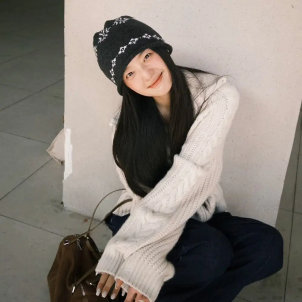 الحلو كرة لولبية حافة الجاكار محبوك قبعة الصوف الدافئ الطباعة متماسكة قبعة لطيف الكورية حماية الأذن قبعة الشتاء #2