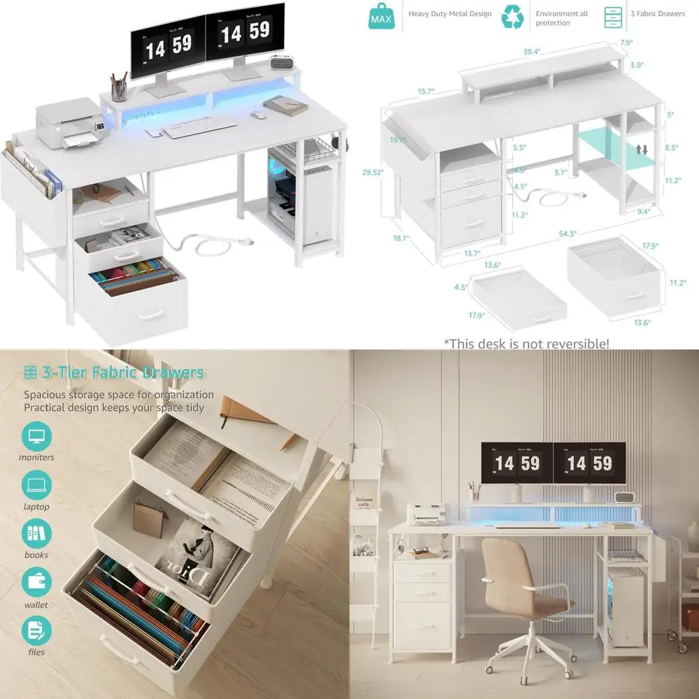 55 Mesa de escritório doméstico com gavetas de armazenamento, suporte para monitor, ideal para estudo, jogos e escrita