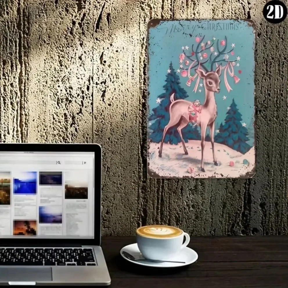 "علامة معدنية عتيقة لعيد الميلاد المجيد" - ديكور فني جداري مع سانتا والغزلان وشجرة عيد الميلاد؛ مثالية للمنازل والغرف