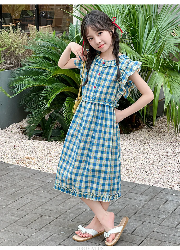 Preppy-Stil Kinder Babyblau Kariertes Kleid mit Blütenärmeln für Mädchen A-Linien-Schulkleider für Teenager Neue Sommerkleidung – Detail 7