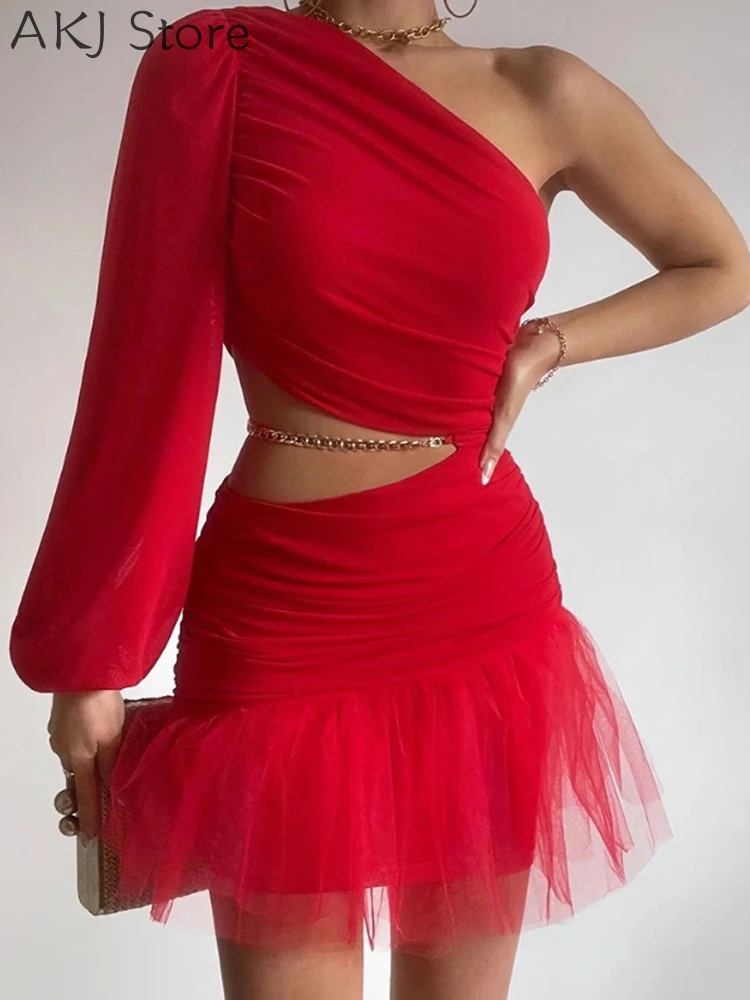 Women Mesh Patchwork Cutout One Shoulder Party Dress