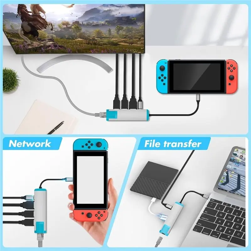 For Switch 2, USB C Docking Station 6 In 1 Adapter- HD/Type C, USB 3.0, 1000M LAN Support For 4K@ 60Hz Output Port