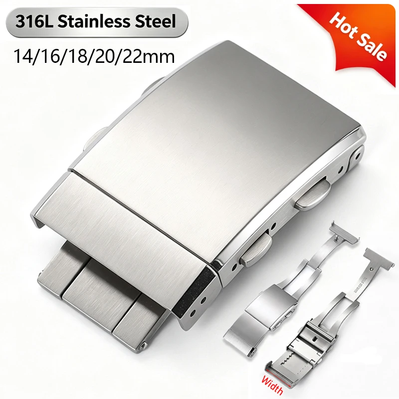 Luxury 316L Stainless Steel Watch Deployment Clasp 14/16/18/20/22mm Adjustable Double Push Extended Button Safety Watch Buckle
