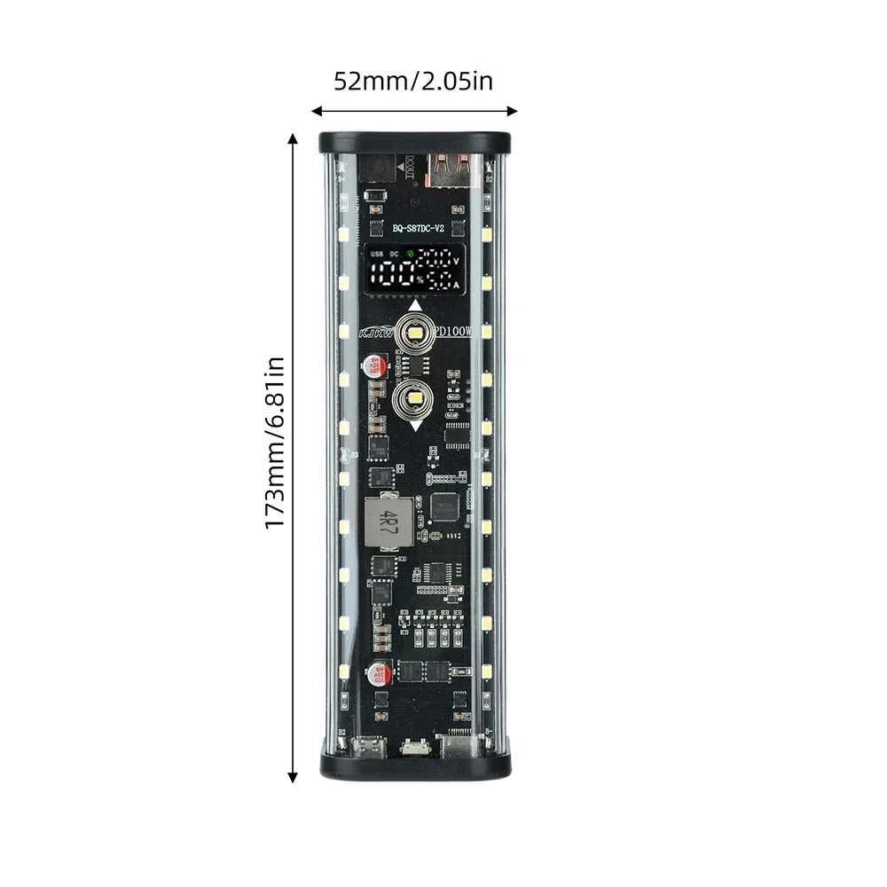 100W PD Super Fast Charging Transparent Power Bank with 8-Cell 21700 Battery Holder Touch-Controlled DC Output