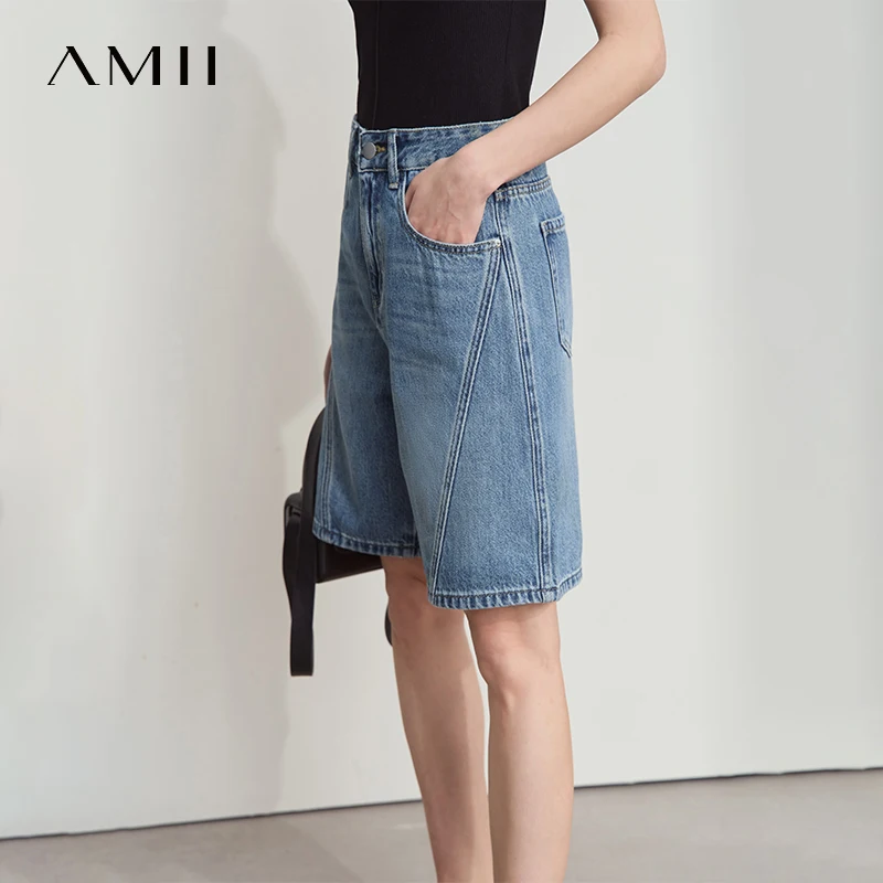 AMII กางเกงยีนส์ผู้หญิงกางเกงขาสั้นมินิมอลลิสต์ 2025 ฤดูร้อนใหม่ผ้าฝ้ายกางเกงขากว้างเลดี้ลำลองกระเป๋าแฟชั่นกางเกงยีนส์กางเกงขาสั้น 12542205