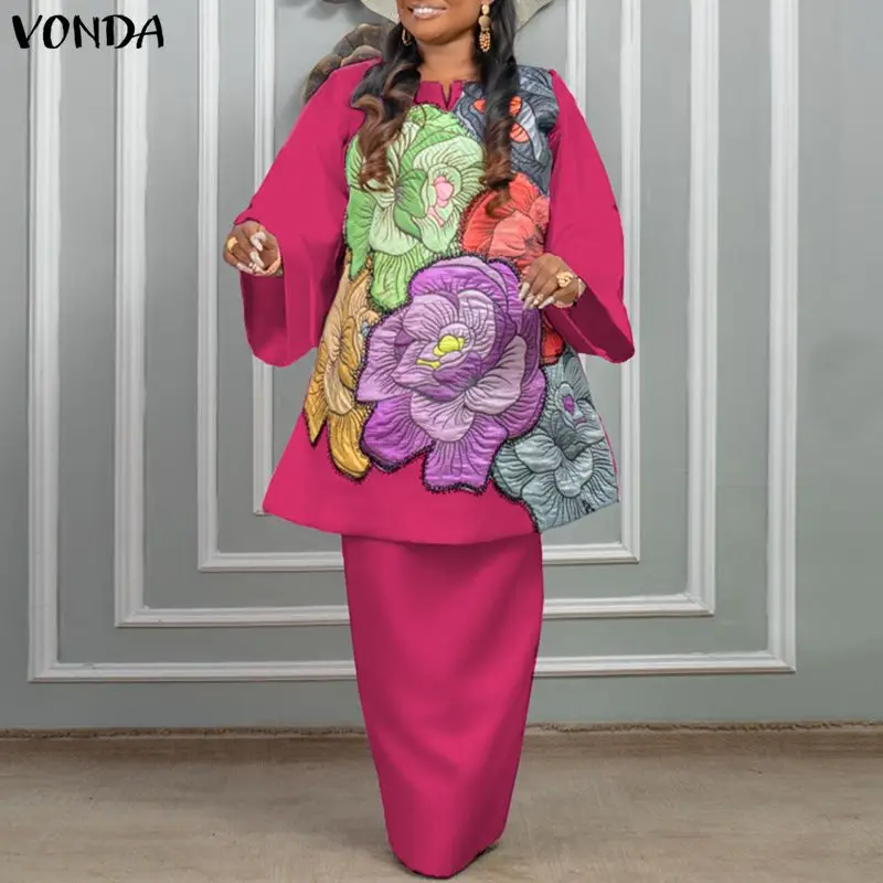 

Женские богемные комплекты VONDA больших размеров 5XL: топы с длинными рукавами и макси-юбки, винтажный цветочный принт, повседневные комплекты из 2 предметов