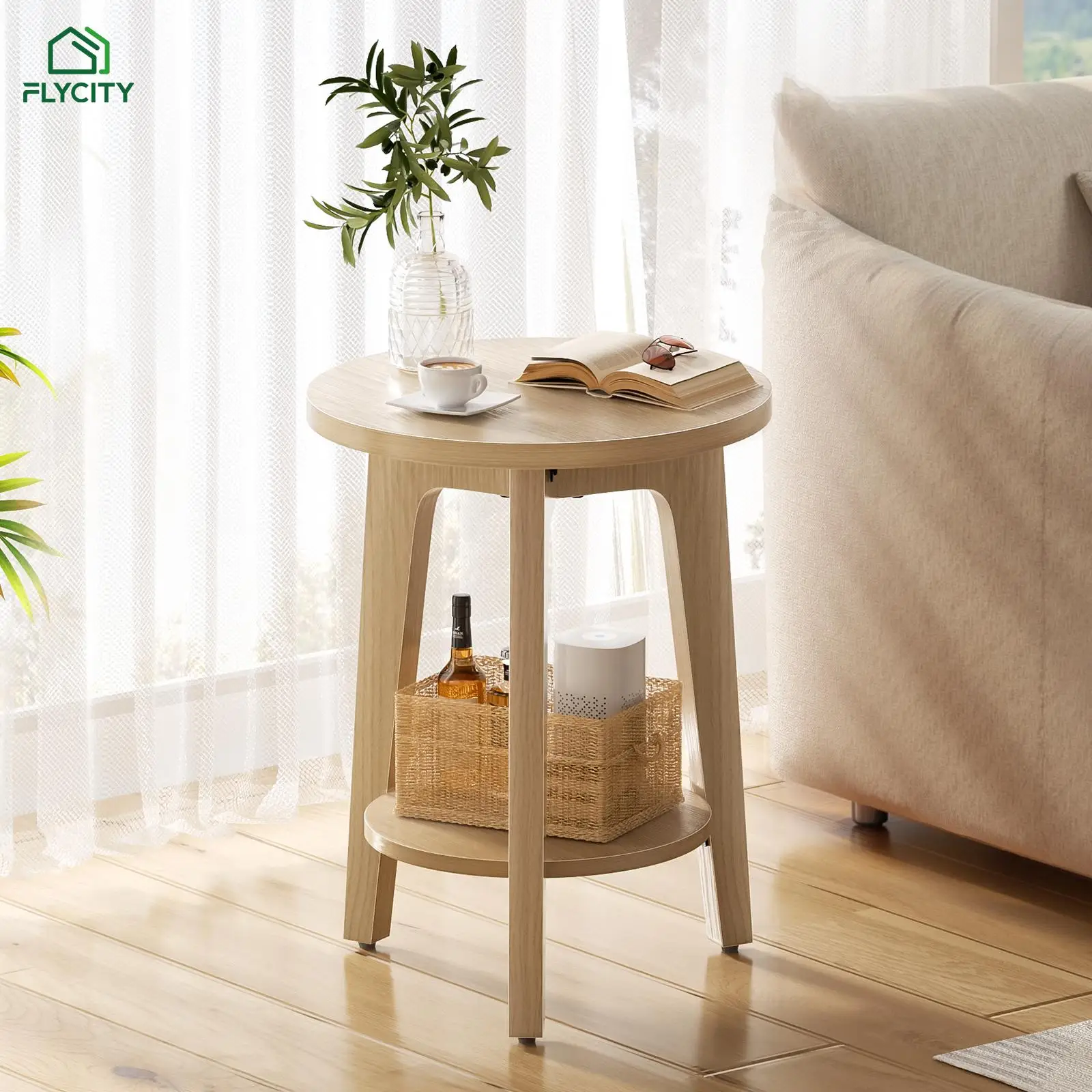 Modern Minimalist Round Side Table with Storage Shelf 2-Tier Small Coffee End Table Nordic Nightstand Bedside Cabinet Space Saving Furniture for Bedroom Living Room Sofa