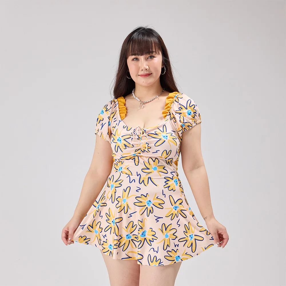 Premium Belly Covering Floral Print Large Size Swimsuit for Women, Meat Covering One Piece Tight Hot Spring Swimsuit Wholesale