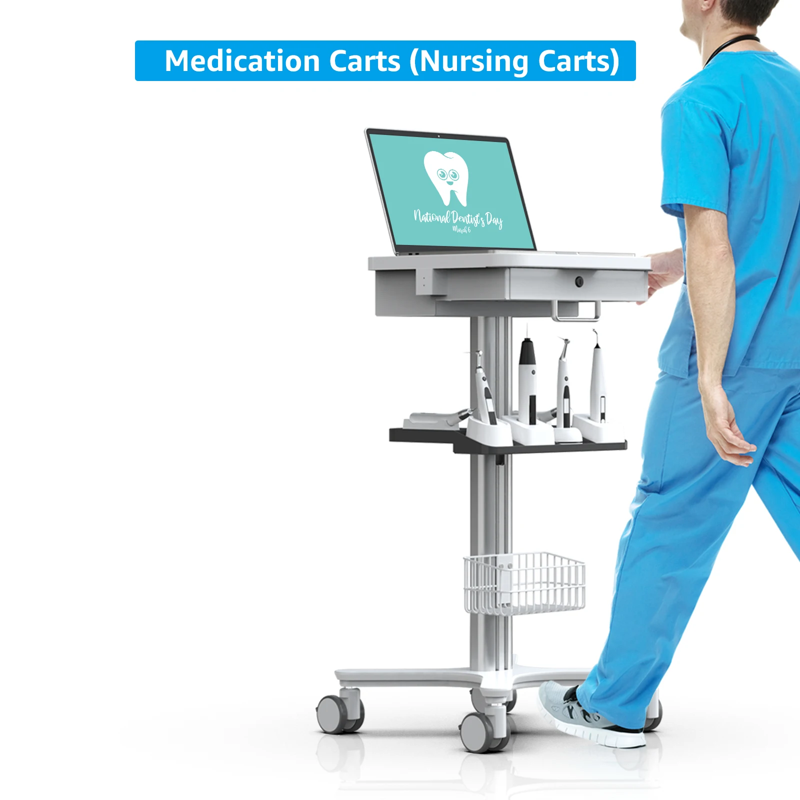 Immagine 5: Carrello Medico con Supporto per Laptop e Organizzatore, Carrello per Clinica Dentistica con Ruote per Ospedale e Salone di Bellezza (RC-1)