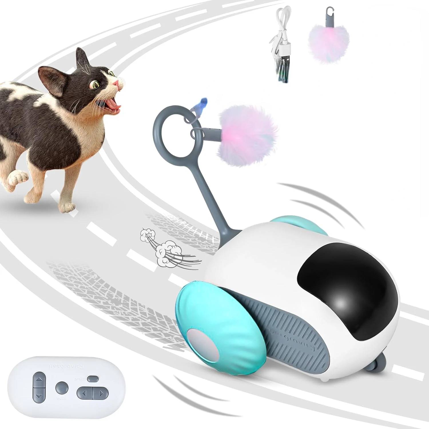 Remote Control Smart   Toy Car, Interactive  Toys for Indoor Cats, Teazys  Toy Turbo Tail 2.0, Automatic Moving Mouse  Chase Toy