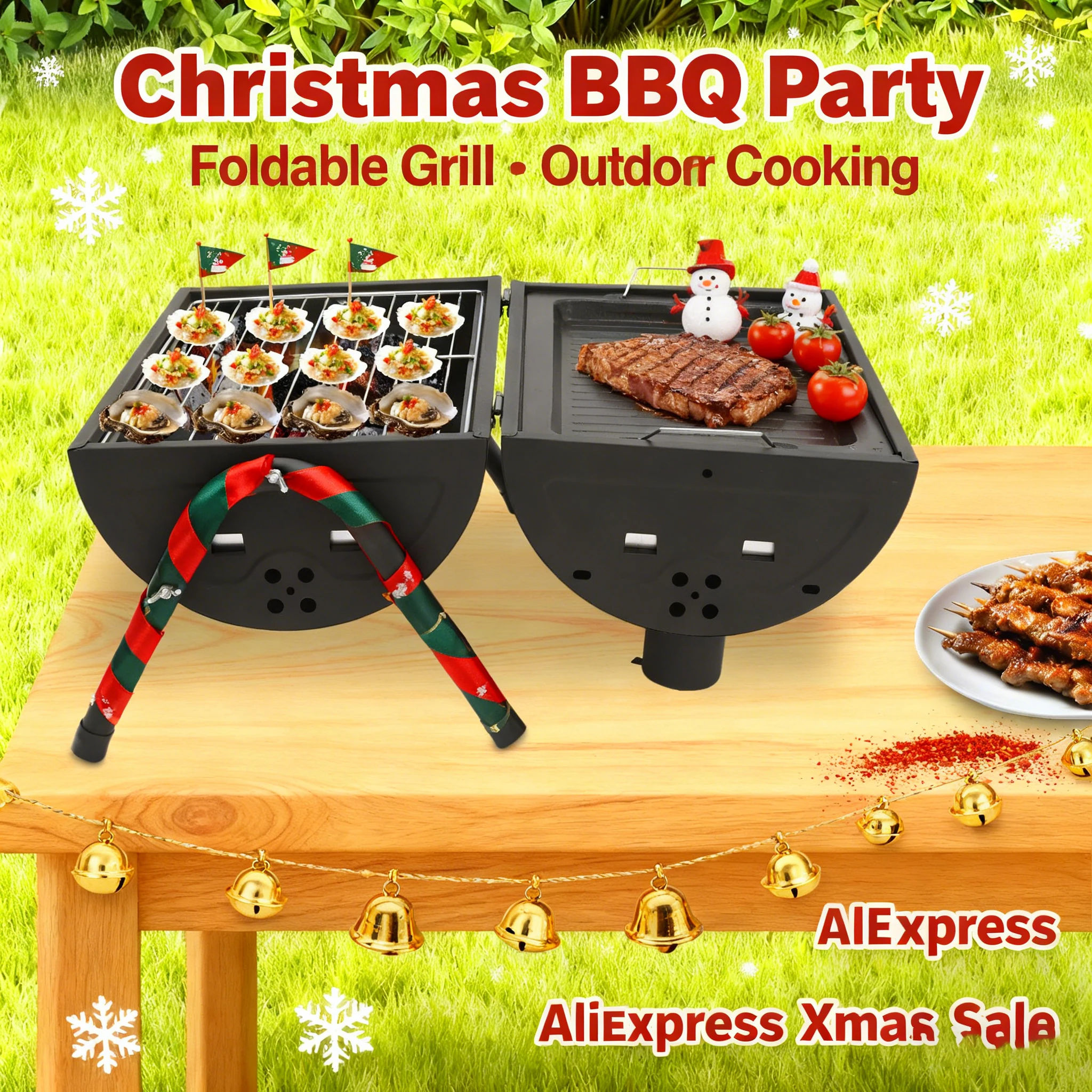 

Черный настольный угольный гриль для барбекю с 2 сетками для выпечки и 1 противнем для выпечки для кемпинга, пикников, рождественской вечеринки на заднем дворе