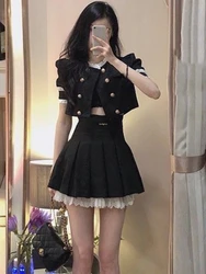 Black French Vintage Two Piece Set Women College Style Lace Elegant Skirt Suit Female Japanese Sweet Mini Skirt Suit Summer 2023