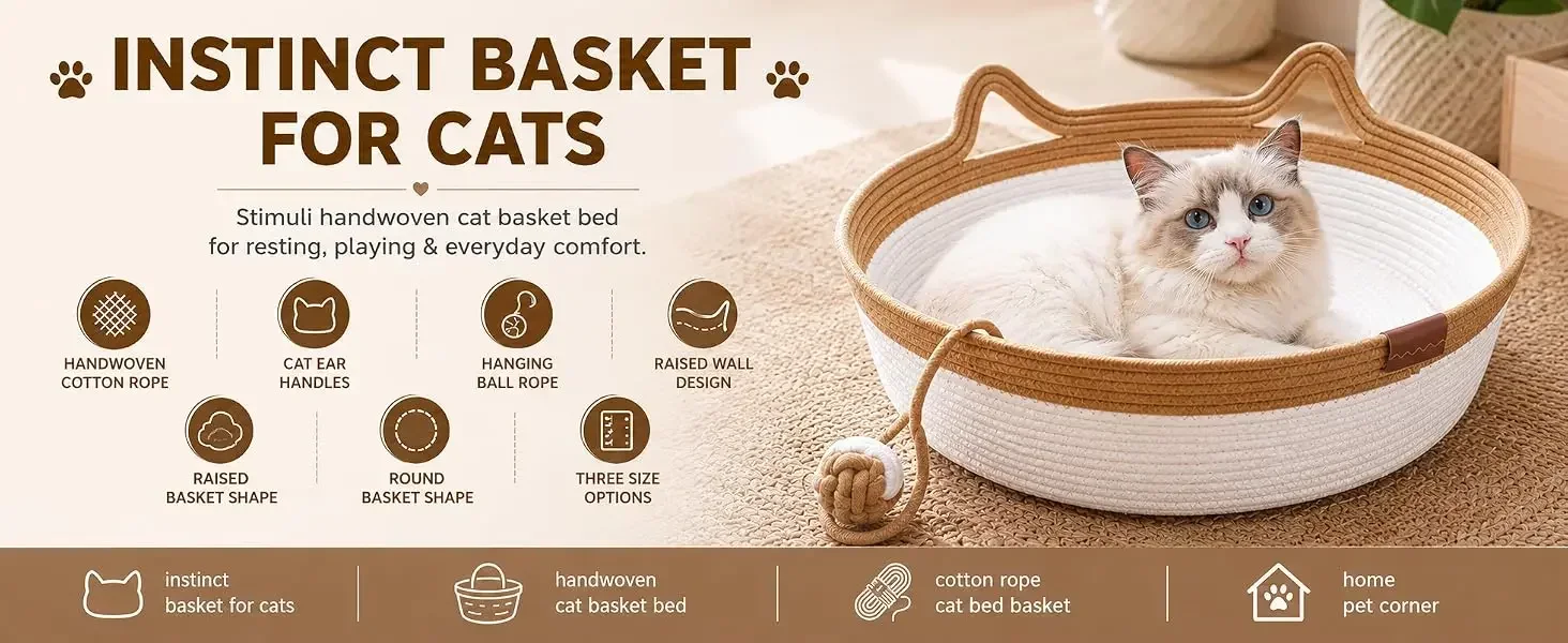 35/40/46cm Handgewebter Baumwollseil-Katzenkorb mit Katzenohren-Griffen und Ballspielzeug, Innen-Katzenbett, Schlafkorb – Detail 2