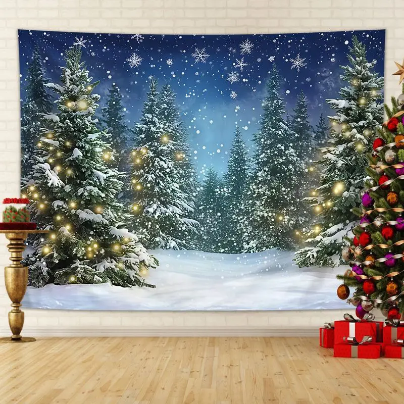 VIKAMA Falling Snow Pine Forest Christmas Tapestry, Serene Wall Art Background Cloth for Tranquil Living Room Aesthetic Decor