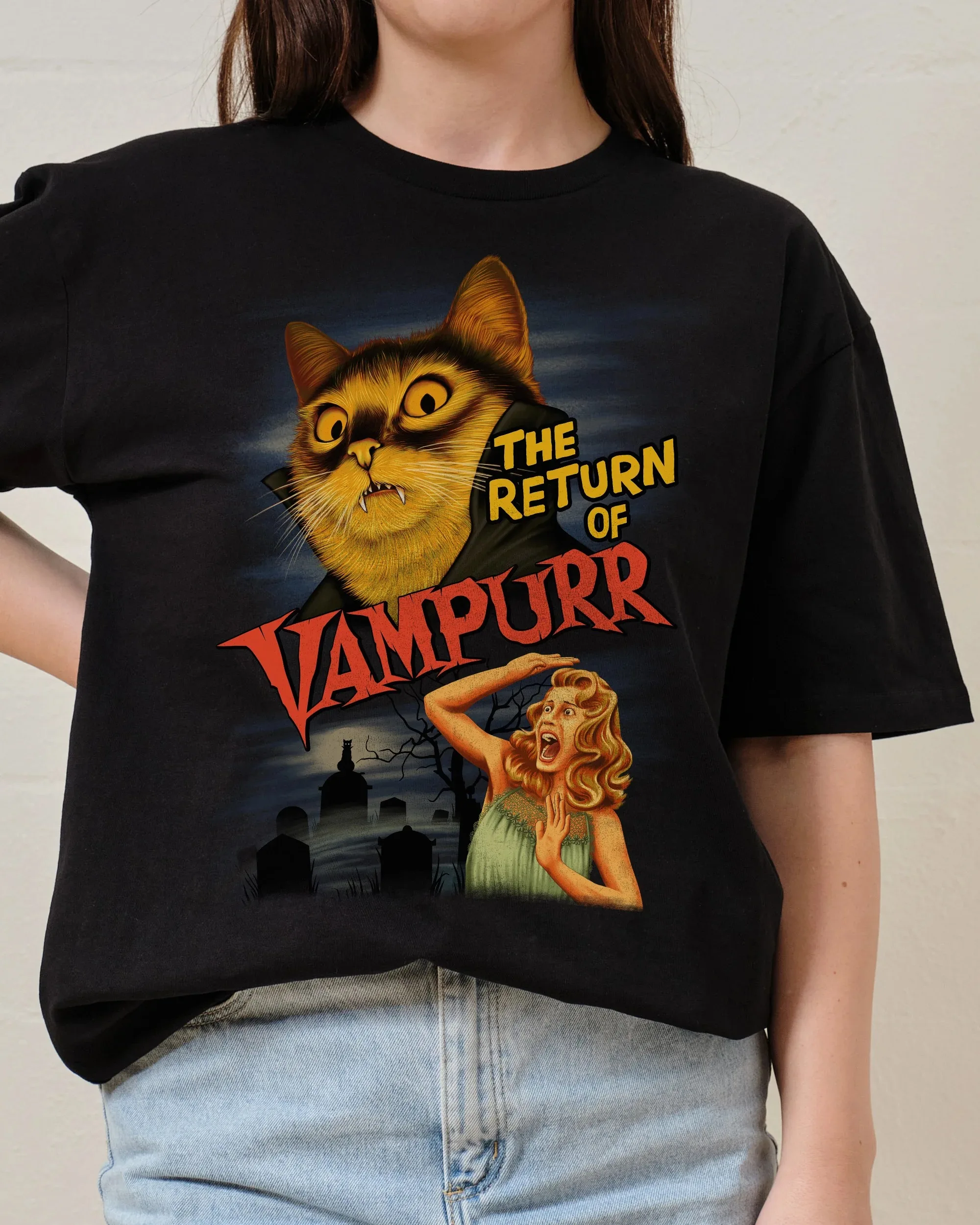 

Cotton Return of Vampurr Tee Funny Cat Horror Graphic for Trendy Casual and Spooky Vibes Halloween Tee All Saints' Day