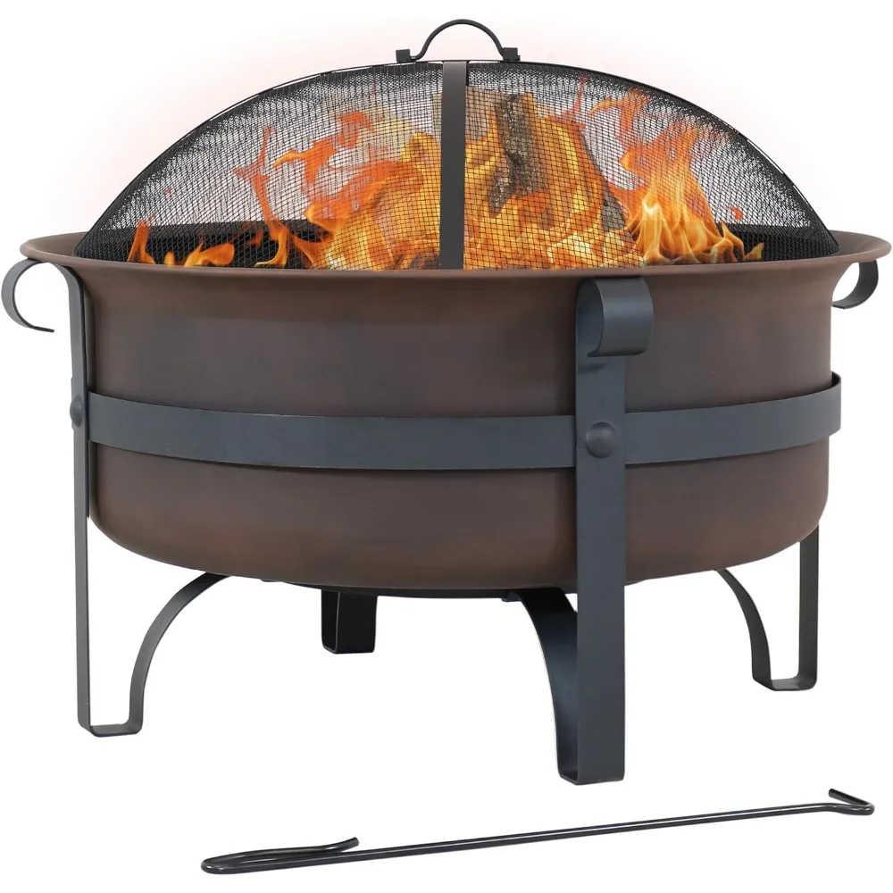 

Bronze Cauldron-Style Outdoor Wood-Burning Fire Pit, 29 Inches - Complete with Poker and Spark Screen
