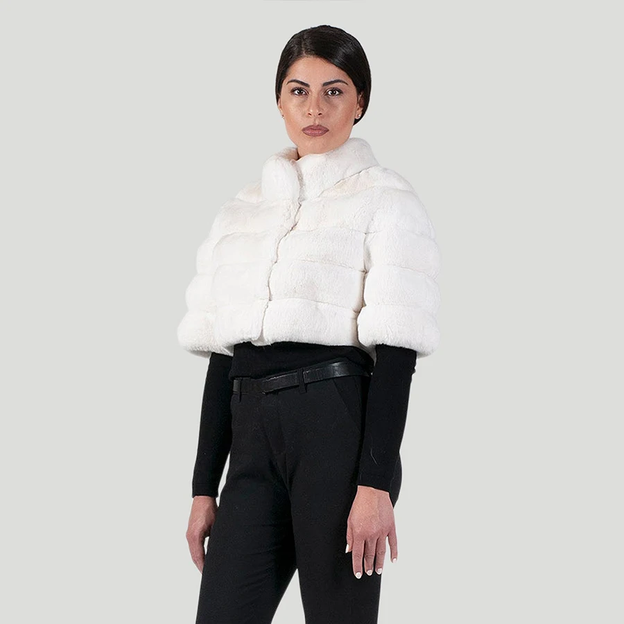 Abrigo de piel de conejo genuino Rex para mujer, Chaqueta corta de lujo, abrigos de piel de conejo Natural, Bolero Horizontal con manga recortada