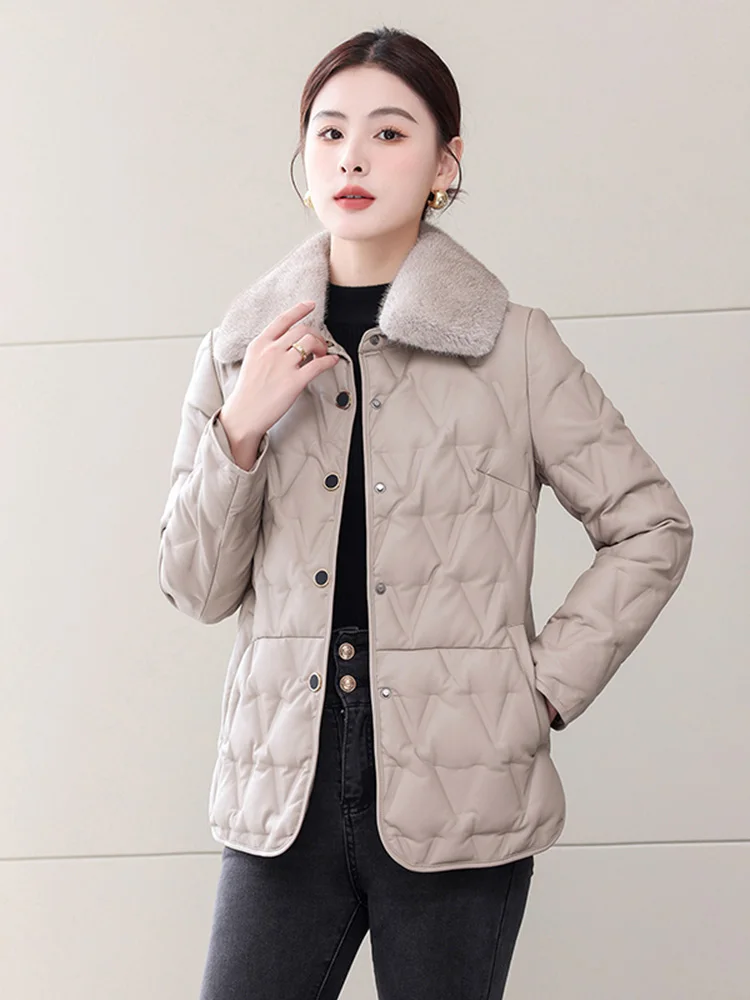 New Women Winter Leather Down Jacket Fashion Real Mink Fur Collar Sheepskin Down Coat Casual Thick Outerwear Split Leather