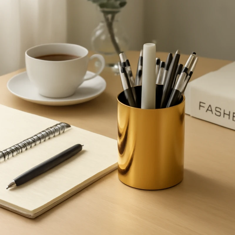 

Nordic Luxury Gold 304 Stainless Steel Makeup Brush Storage Cup Pen Holder Modern Creative Office Stationery Storage Box