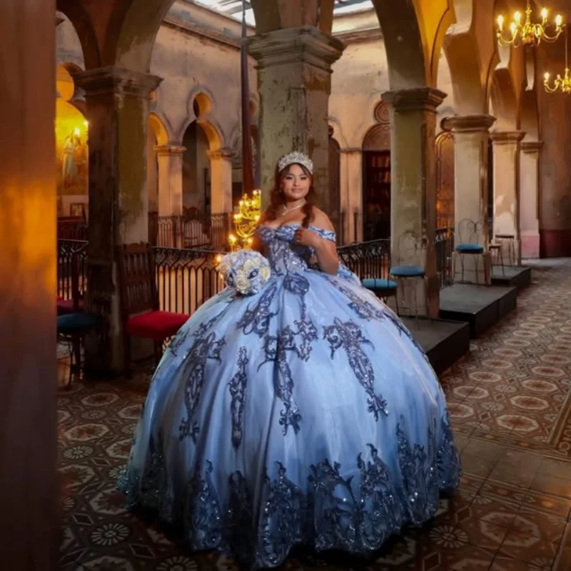 

Blue Dresses off-shoulder Crystal Glitter Decal Lace Layering Long tail Bow Vestido De 15 Quinceanera Customize