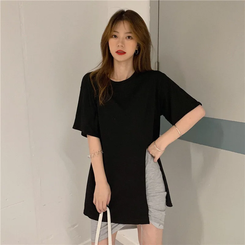 2024 Summer New Women's T-shirt Loose Korean Medium to Long Tees Irregular Split Solid Color Tank Tops Half Sleeve Girl's Tops