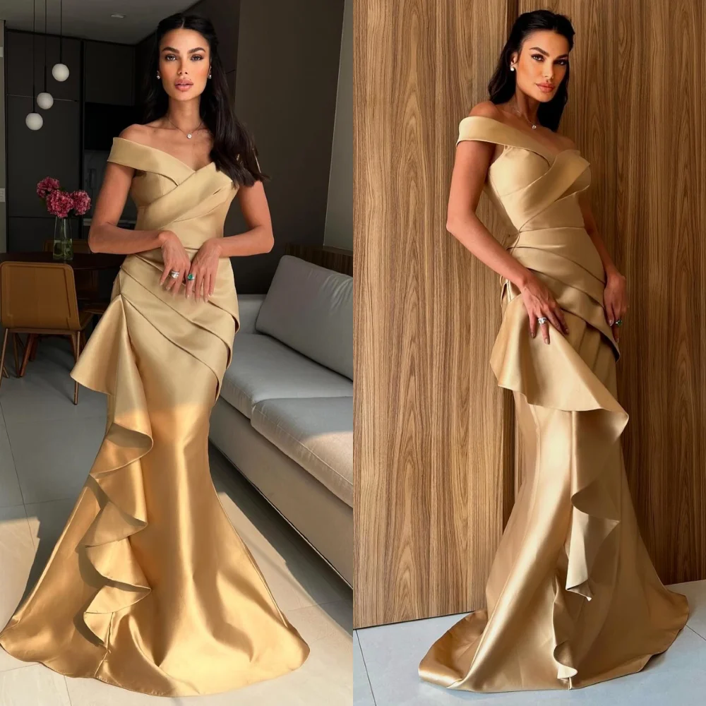 

Customized Exquisite Pleat Ruffle Trumpet Off-the-shoulder Long Dresses Prom Sizes Available Pastrol Modern Style