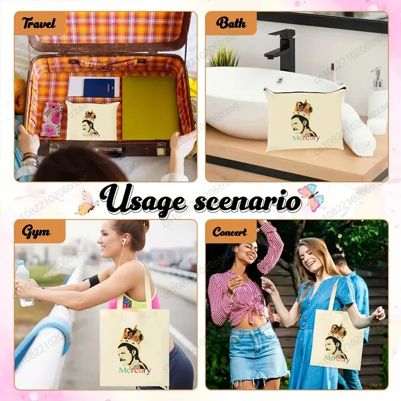 مجموعة حقائب اليد المطبوعة من فريدي ميركوري ذا كوين باند جرافيك روك، حقيبة مكياج من القماش، حقائب تسوق قابلة لإعادة الاستخدام، صديقة للبيئة وقابلة للطي