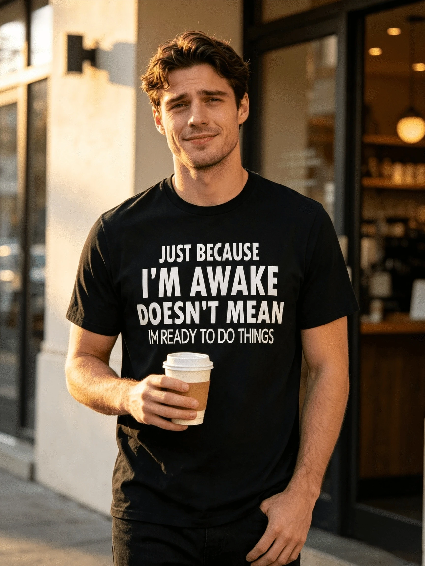 Funny Saying T-Shirt for Men Just Because I'm Awake Doesn't Mean I'm Ready To Do Things Crew Neck Shirt Loose Fit Casual Tee Top