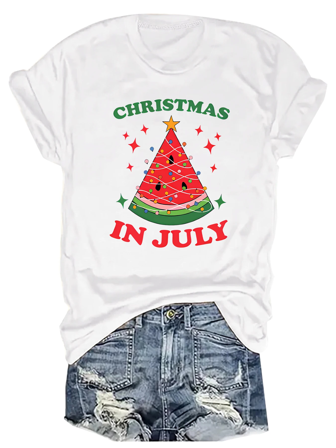 Christmas Moon Watermelon Christmas Tree Embroidered Round-neck Short-sleeved T-shirt for Women