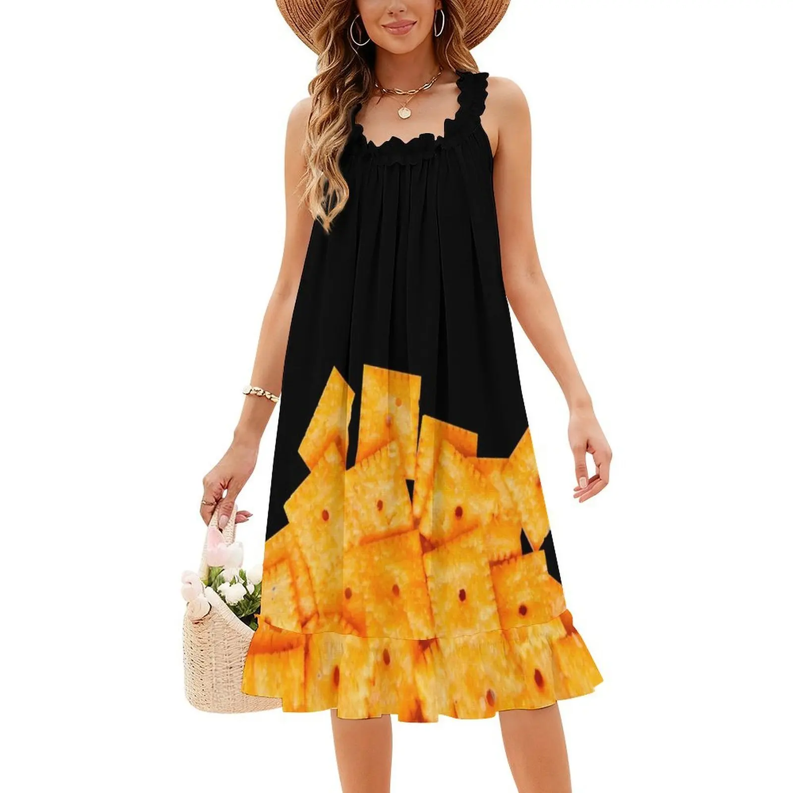 فستان نسائي أنيق للحفلات من Cheez It فستان على شكل حرف a مع خيارات قصيرة/طويلة/بدون أكمام Cheez It Food Cheese Snack Cheez It