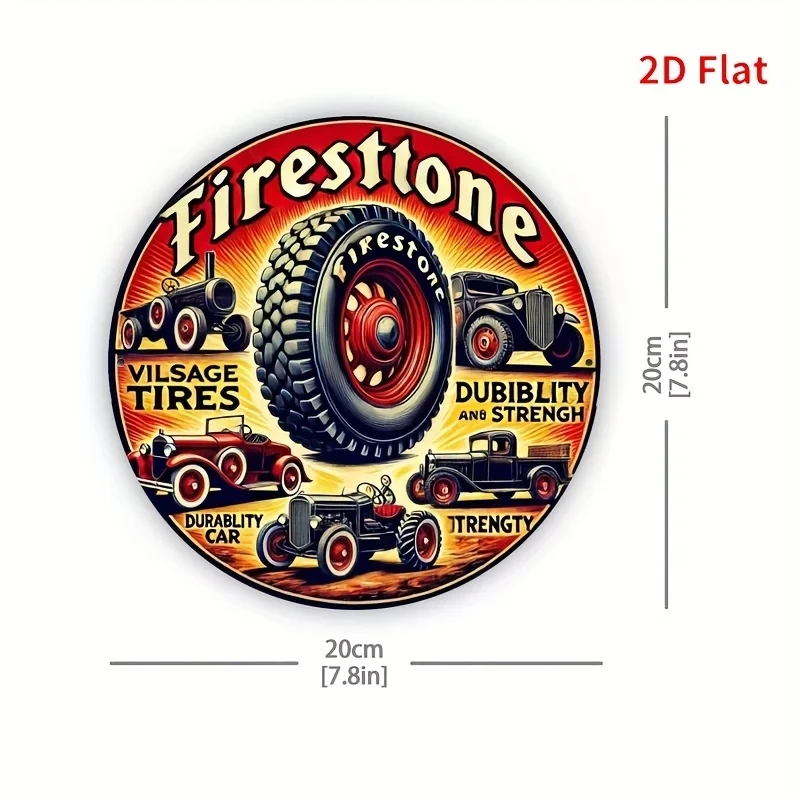 2D Flat, 1-Piece Vintage Firestone Tire Metal Wall Art Sign - 8x8inch Vintage Aluminum Decoration with Classic Car and Truck Design, Durable