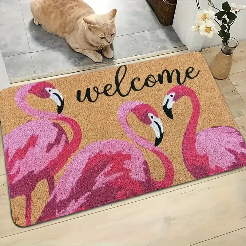 VIKAMA Tropical Animal Floor Mat Vintage Coconut Fiber Flamingo Welcome Letter Pattern Wear Resistant Outdoor Porch Rug