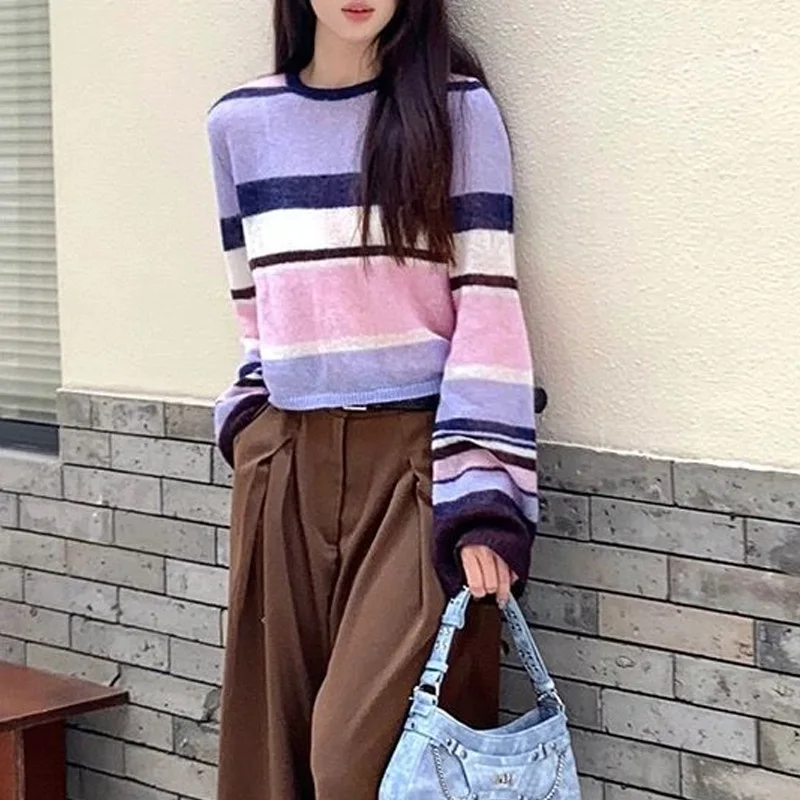 2023 New Autumn and Winter Fashion Loose Soft Sticky Contrast Stripes Lazy Front Shoulder Knitted Round Neck Pullover Sweater